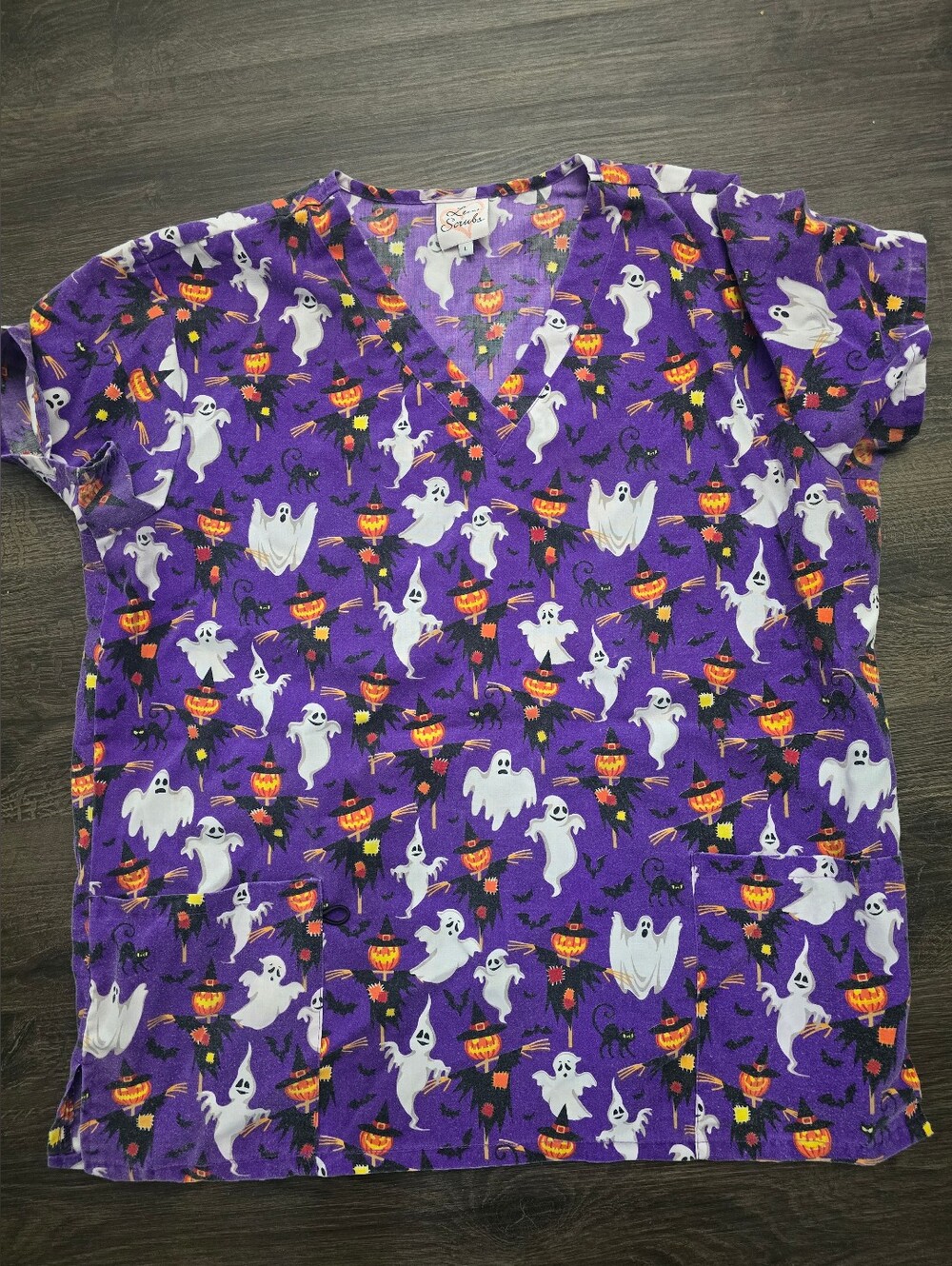 Purple Halloween Ghost Print Scrub Top
